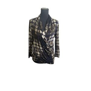 Max Mara Wrap Blouse Women M Navy Gold Polka Dot Excellent Draped Long Sleeve
